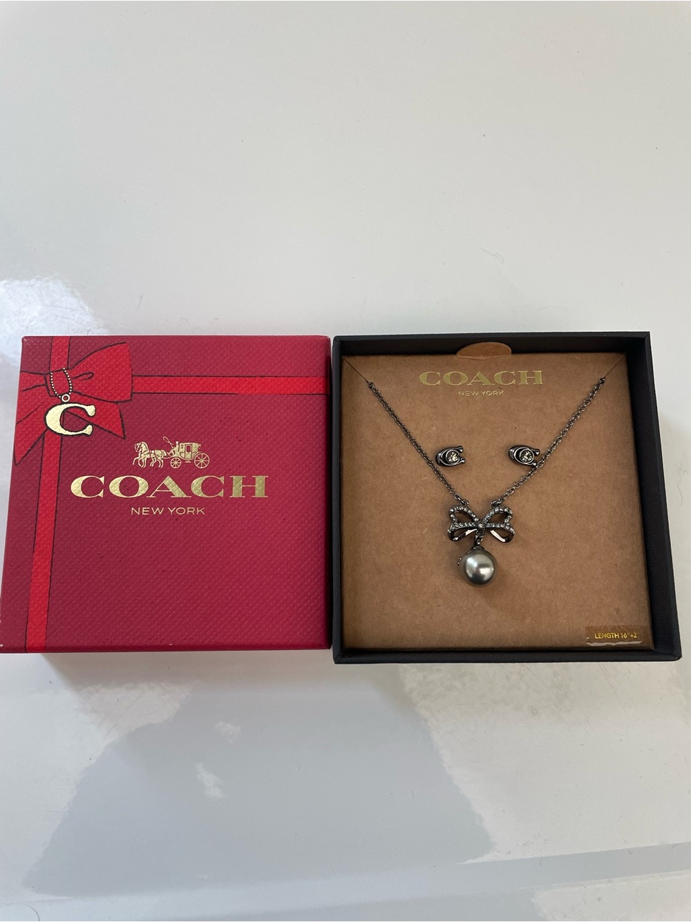 COACH Gunmetal Bow Pendant Necklace and Earring Set